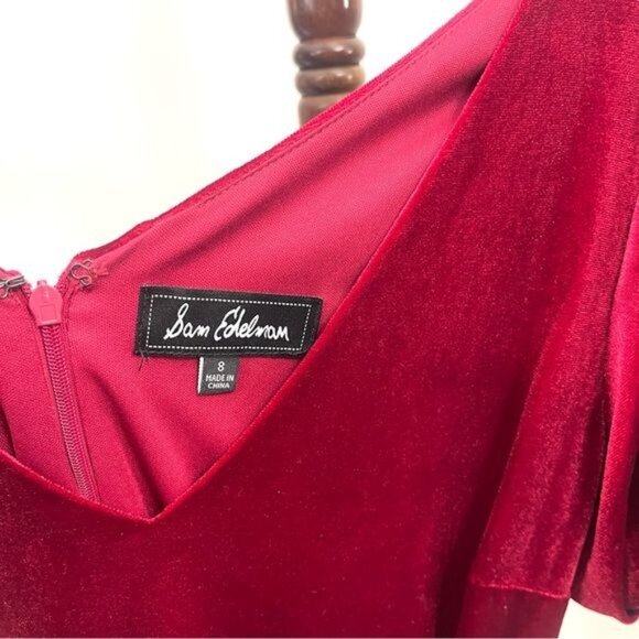 New Sam Edelman Cocktail Ruched Puff Sleeve Velvet Minidress in Red Size 8 - Picture 7 of 8